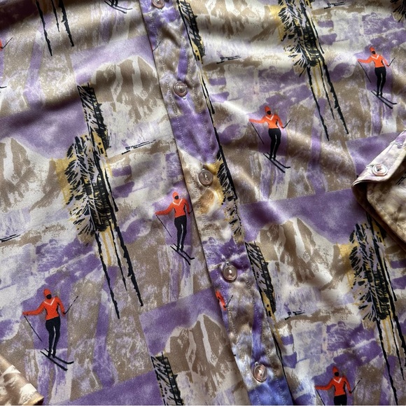 VTG 70s Retro Repeat Ski Slopes Scene Light Purple Dagger Collar Shirt - Picture 7 of 9